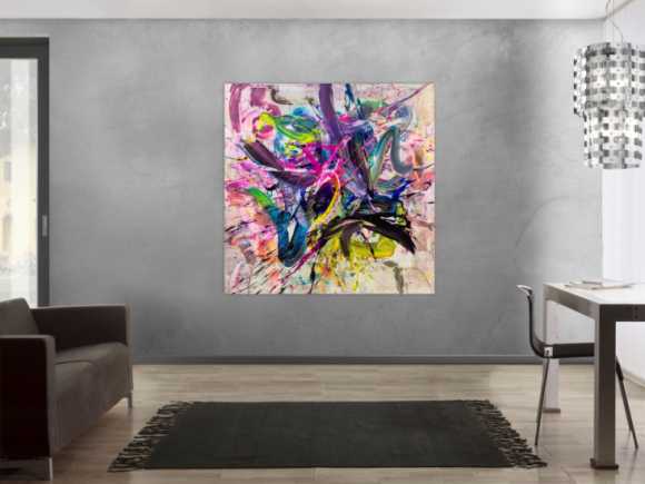 Abstraktes Original Gemälde 140x140cm Action Painting expressionistisch handgefertigt Mischtechnik bunt weiß rosa hochwertig