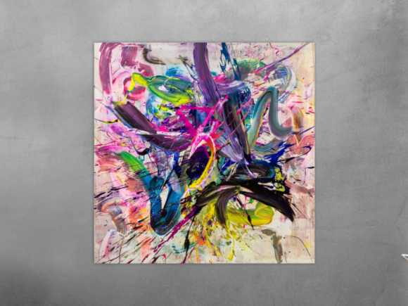 Abstraktes Original Gemälde 140x140cm Action Painting expressionistisch handgefertigt Mischtechnik bunt weiß rosa hochwertig