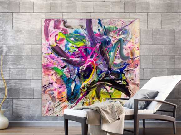 Abstraktes Original Gemälde 140x140cm Action Painting expressionistisch handgefertigt Mischtechnik bunt weiß rosa hochwertig