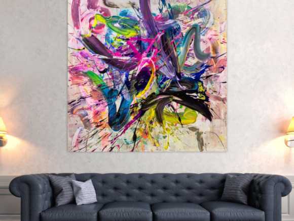 Abstraktes Original Gemälde 140x140cm Action Painting expressionistisch handgefertigt Mischtechnik bunt weiß rosa hochwertig