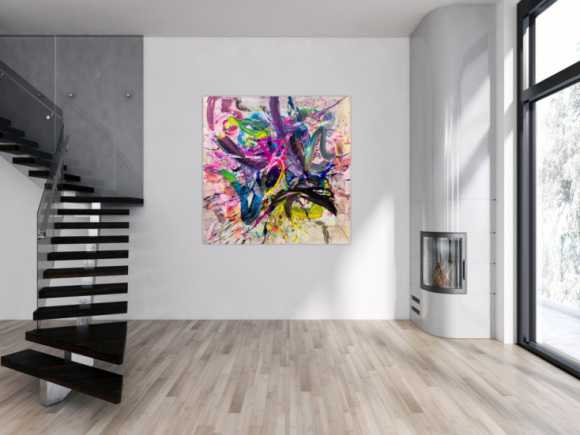 Abstraktes Original Gemälde 140x140cm Action Painting expressionistisch handgefertigt Mischtechnik bunt weiß rosa hochwertig