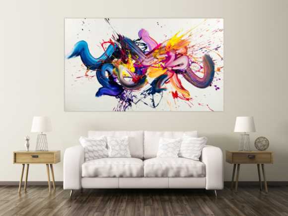 Gemälde Original abstrakt 130x220cm Action Painting Moderne Kunst handgemalt Mischtechnik weiß bunt blau hochwertig