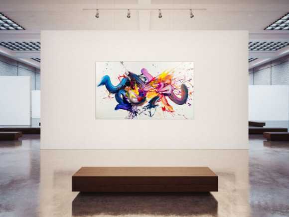 Gemälde Original abstrakt 130x220cm Action Painting Moderne Kunst handgemalt Mischtechnik weiß bunt blau hochwertig