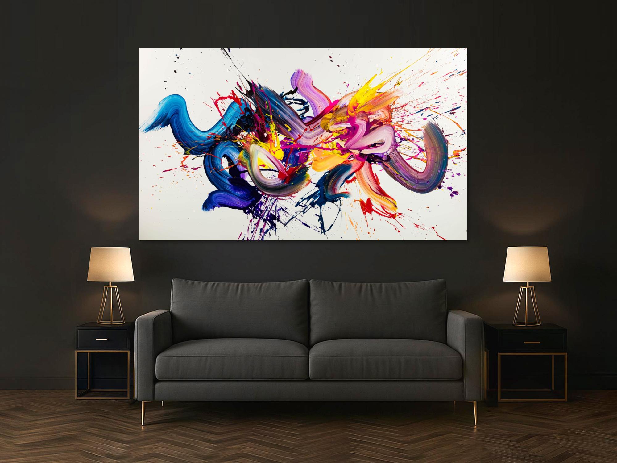 Gemälde Original abstrakt 130x220cm Action Painting Moderne Kunst handgemalt Mischtechnik weiß bunt blau hochwertig