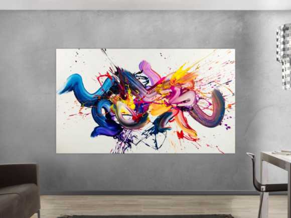 Gemälde Original abstrakt 130x220cm Action Painting Moderne Kunst handgemalt Mischtechnik weiß bunt blau hochwertig