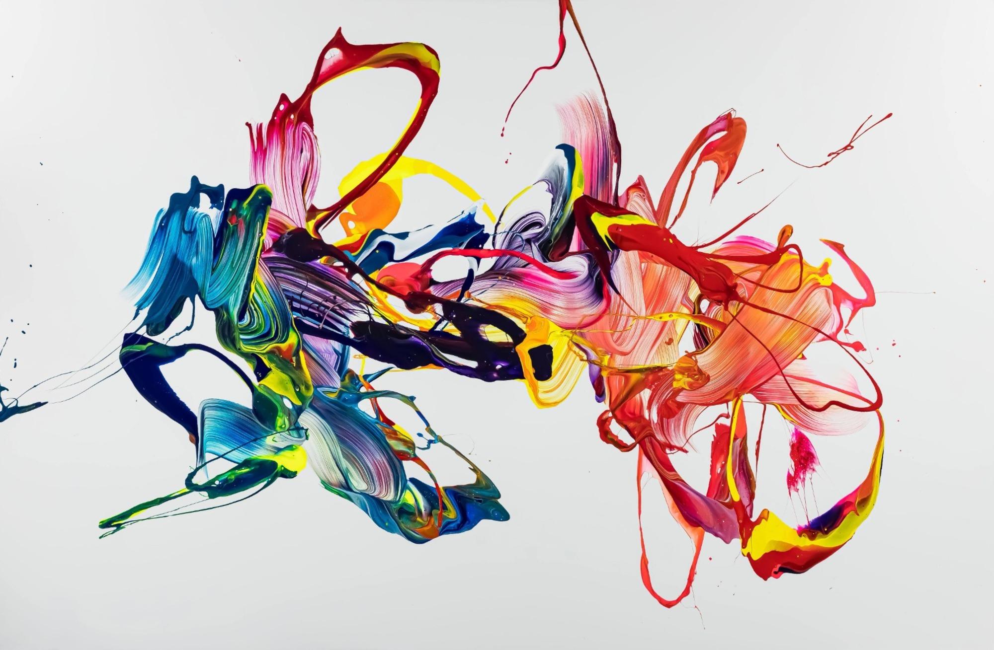 Gemälde Original abstrakt 130x200cm Action Painting zeitgenössisch handgefertigt Mischtechnik weiß bunt rot hochwertig