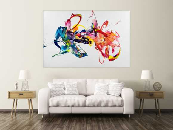 Gemälde Original abstrakt 130x200cm Action Painting zeitgenössisch handgefertigt Mischtechnik weiß bunt rot hochwertig