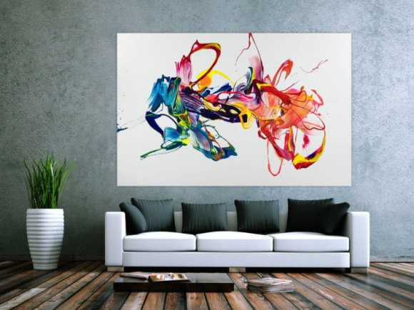 Gemälde Original abstrakt 130x200cm Action Painting zeitgenössisch handgefertigt Mischtechnik weiß bunt rot hochwertig