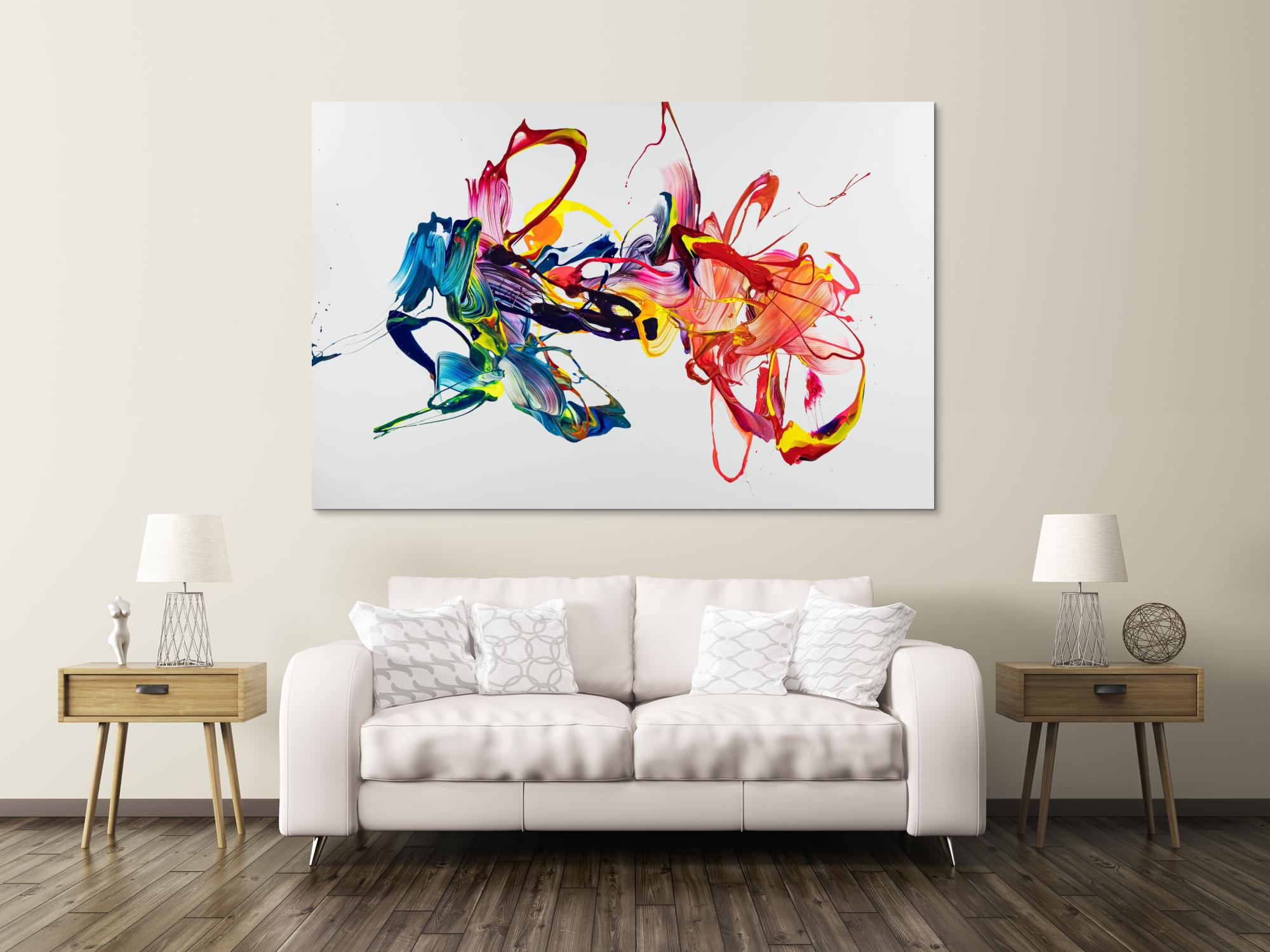 Gemälde Original abstrakt 130x200cm Action Painting zeitgenössisch handgefertigt Mischtechnik weiß bunt rot hochwertig