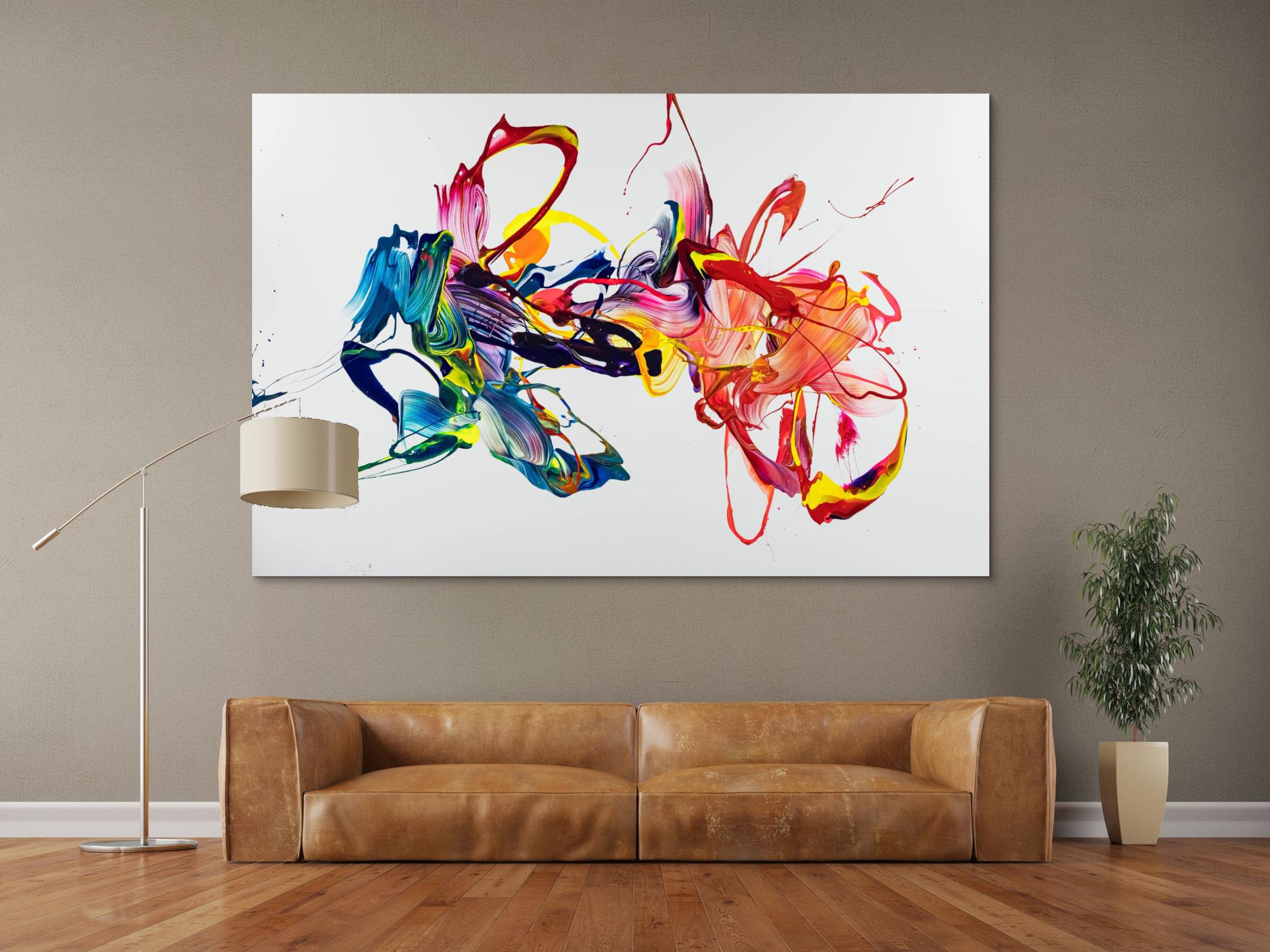 Gemälde Original abstrakt 130x200cm Action Painting zeitgenössisch handgefertigt Mischtechnik weiß bunt rot hochwertig