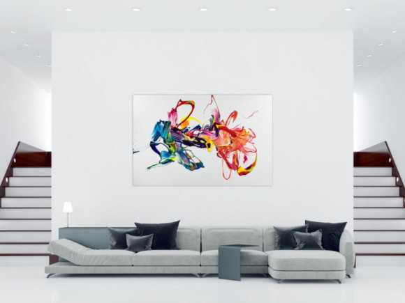 Gemälde Original abstrakt 130x200cm Action Painting zeitgenössisch handgefertigt Mischtechnik weiß bunt rot hochwertig