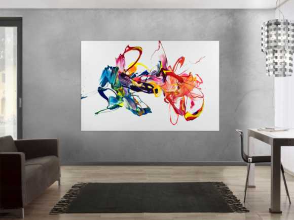 Gemälde Original abstrakt 130x200cm Action Painting zeitgenössisch handgefertigt Mischtechnik weiß bunt rot hochwertig