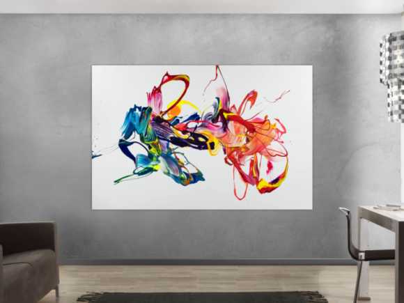 Gemälde Original abstrakt 130x200cm Action Painting zeitgenössisch handgefertigt Mischtechnik weiß bunt rot hochwertig