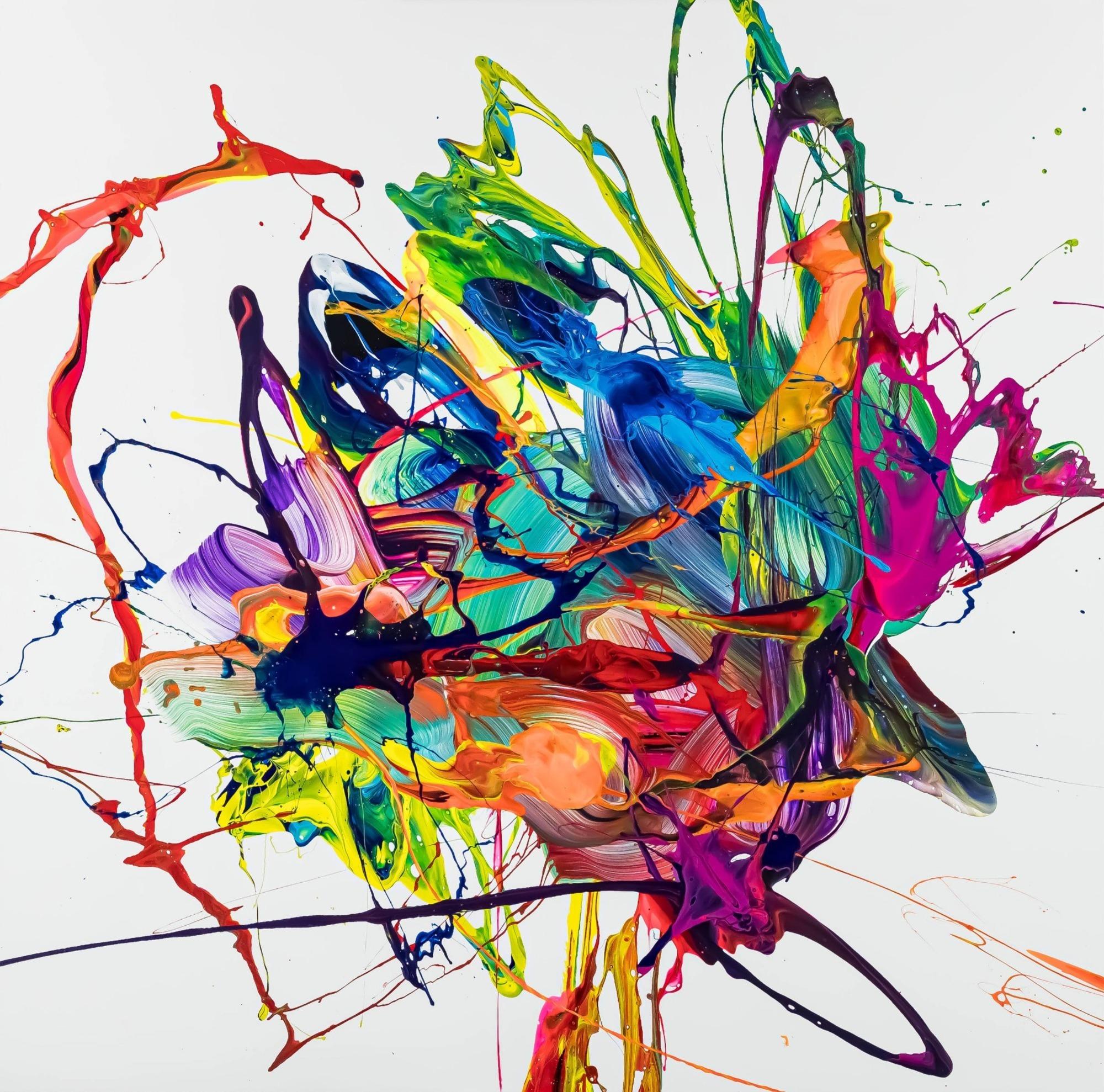 Original Gemälde abstrakt 130x130cm Action Painting zeitgenössisch handgefertigt Mischtechnik weiß bunt blau hochwertig