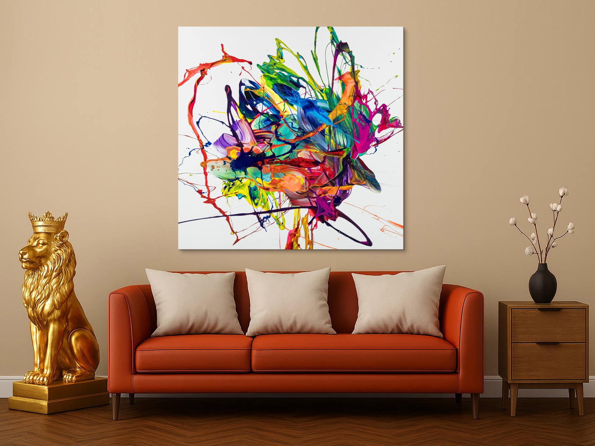 Original Gemälde abstrakt 130x130cm Action Painting zeitgenössisch handgefertigt Mischtechnik weiß bunt blau hochwertig