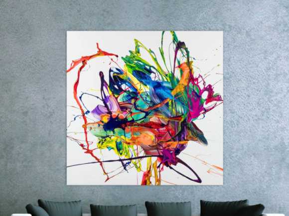 Original Gemälde abstrakt 130x130cm Action Painting zeitgenössisch handgefertigt Mischtechnik weiß bunt blau hochwertig