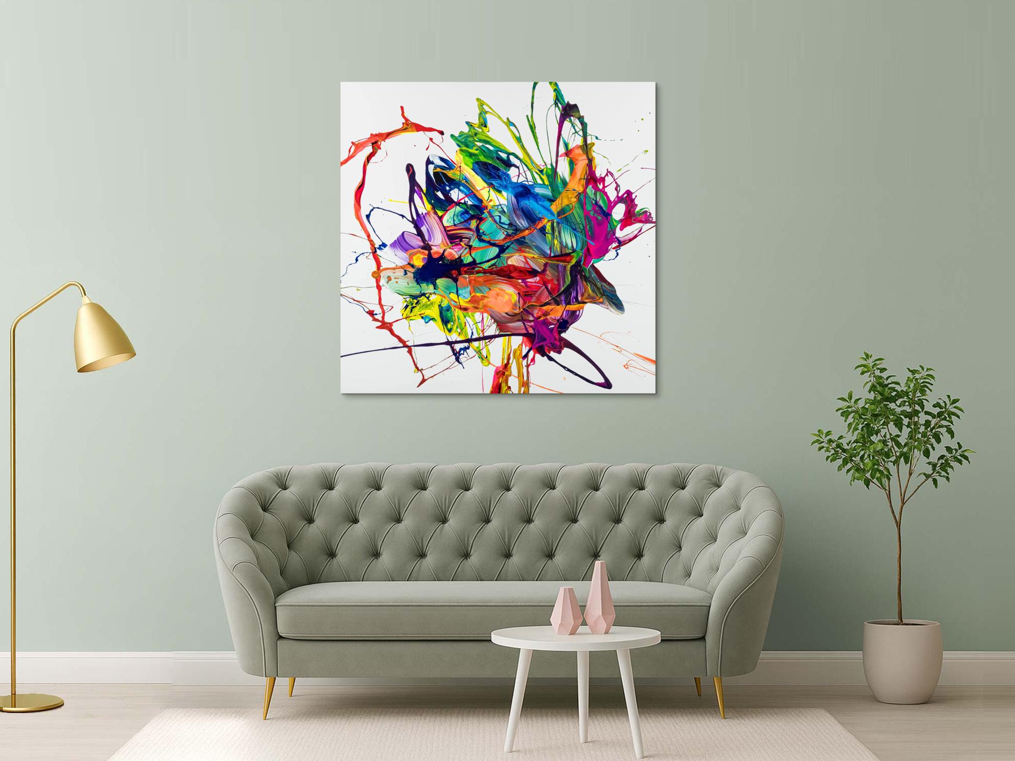 Original Gemälde abstrakt 130x130cm Action Painting zeitgenössisch handgefertigt Mischtechnik weiß bunt blau hochwertig