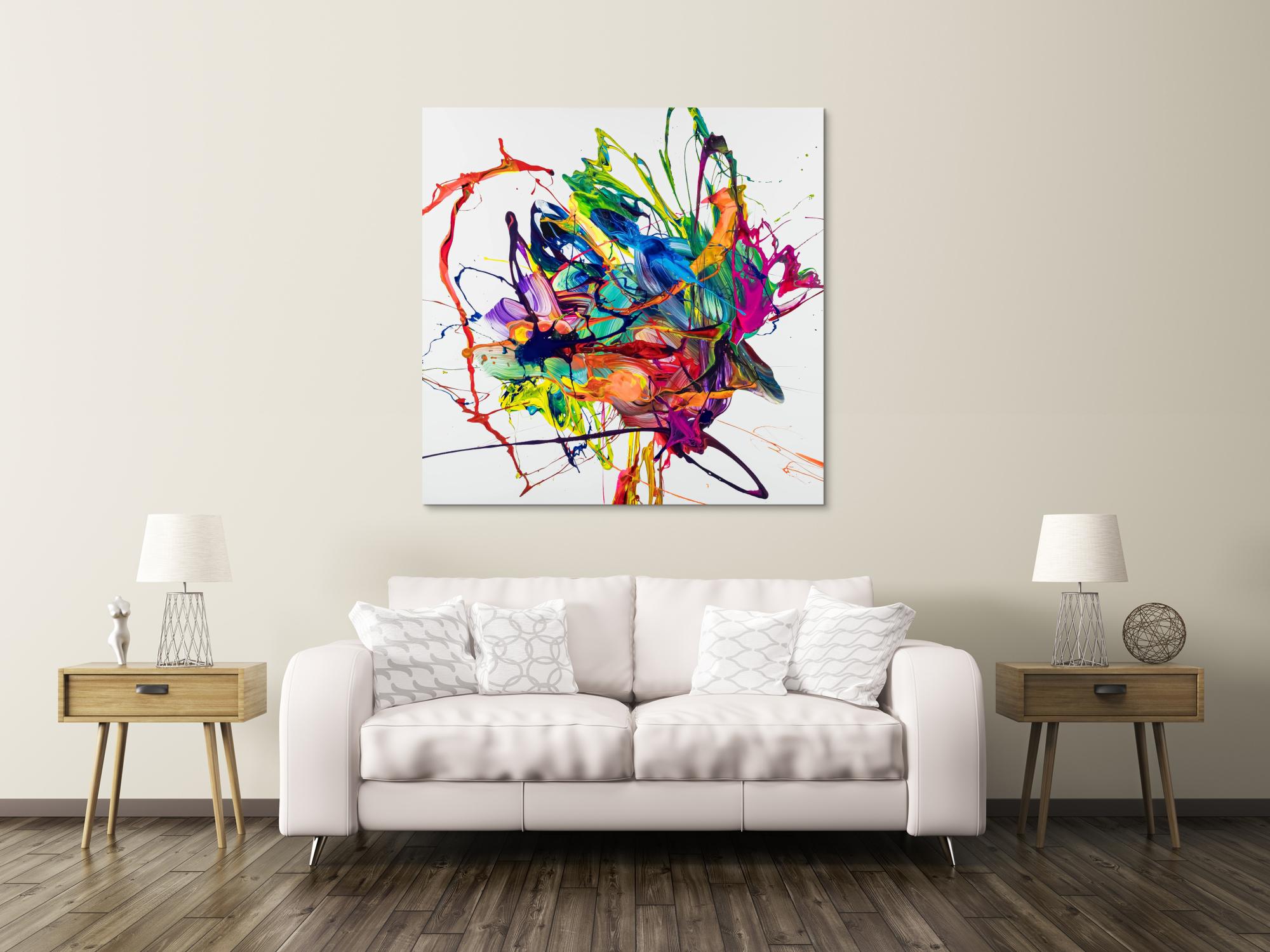 Original Gemälde abstrakt 130x130cm Action Painting zeitgenössisch handgefertigt Mischtechnik weiß bunt blau hochwertig