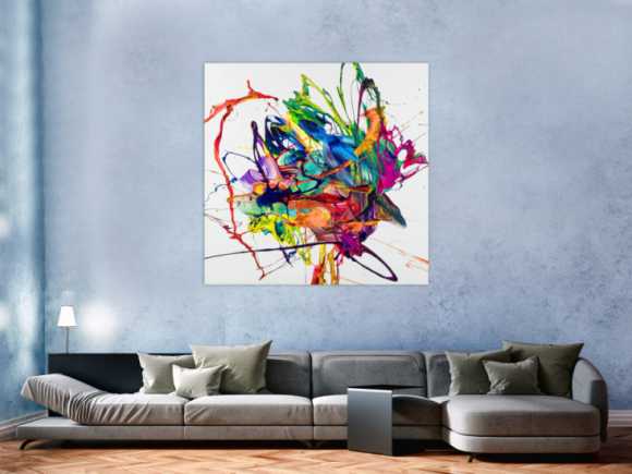 Original Gemälde abstrakt 130x130cm Action Painting zeitgenössisch handgefertigt Mischtechnik weiß bunt blau hochwertig