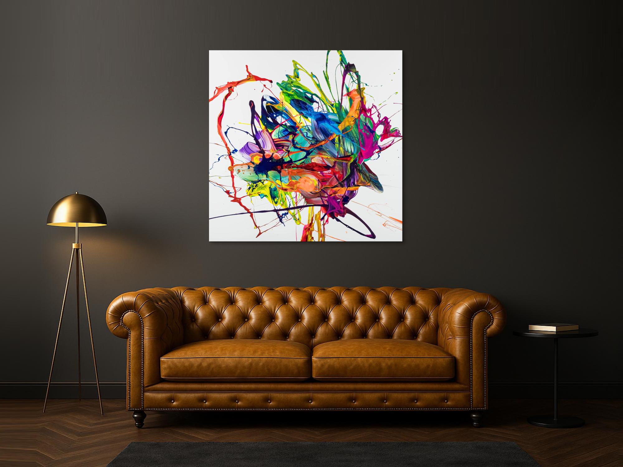 Original Gemälde abstrakt 130x130cm Action Painting zeitgenössisch handgefertigt Mischtechnik weiß bunt blau hochwertig