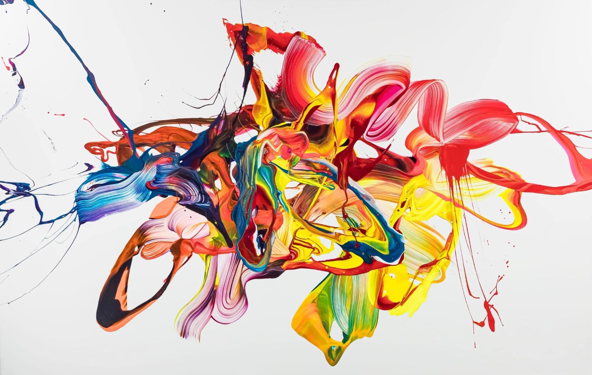 Original Gemälde abstrakt 130x200cm Action Painting zeitgenössisch handgemalt Mischtechnik bunt weiß gelb hochwertig