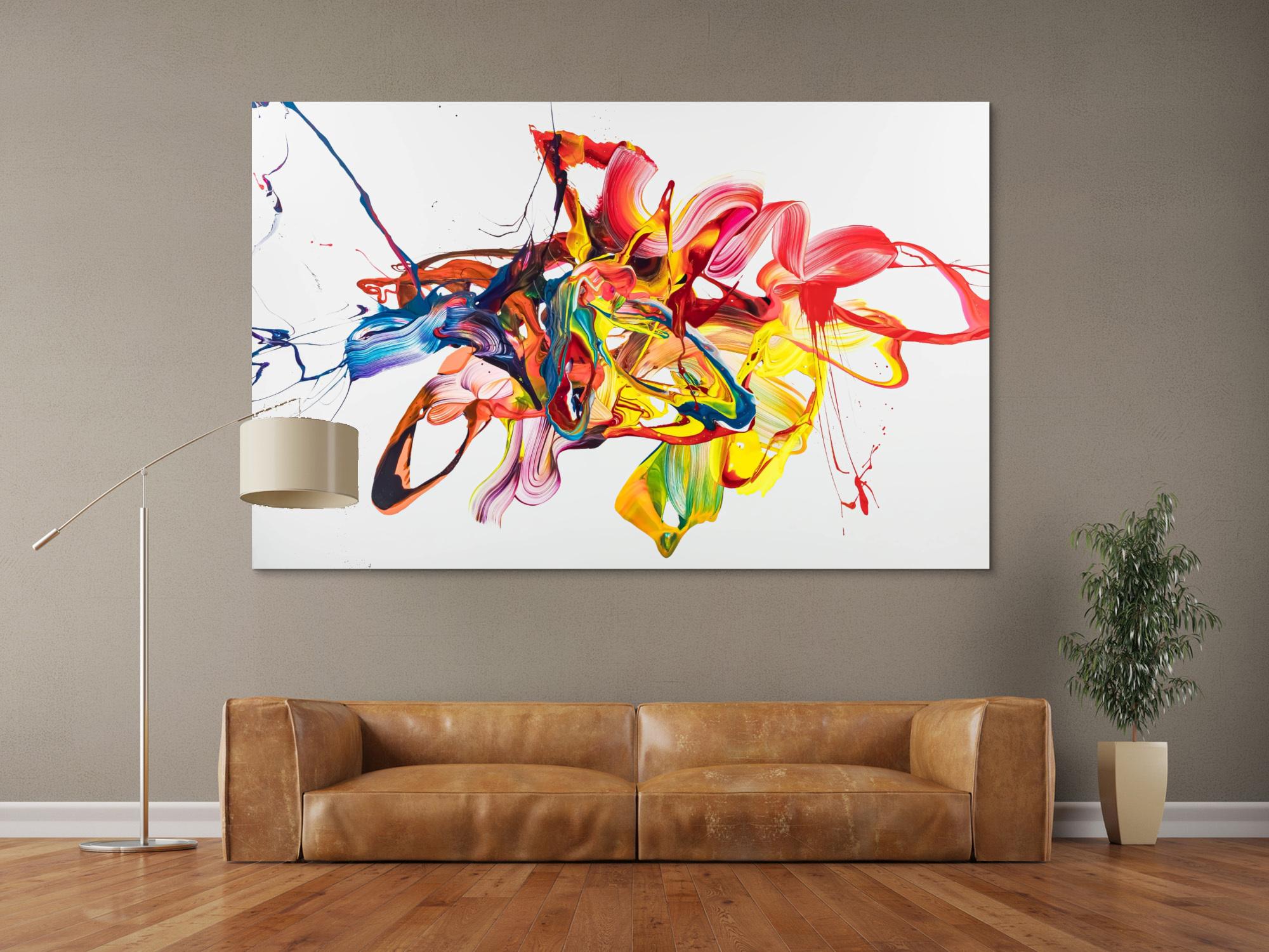 Original Gemälde abstrakt 130x200cm Action Painting zeitgenössisch handgemalt Mischtechnik bunt weiß gelb hochwertig