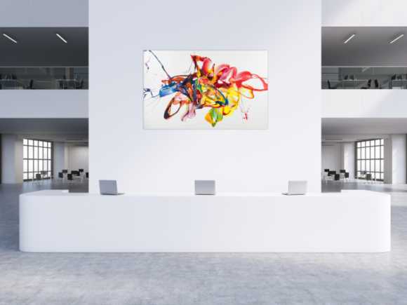 Original Gemälde abstrakt 130x200cm Action Painting zeitgenössisch handgemalt Mischtechnik bunt weiß gelb hochwertig