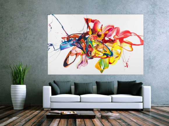 Original Gemälde abstrakt 130x200cm Action Painting zeitgenössisch handgemalt Mischtechnik bunt weiß gelb hochwertig