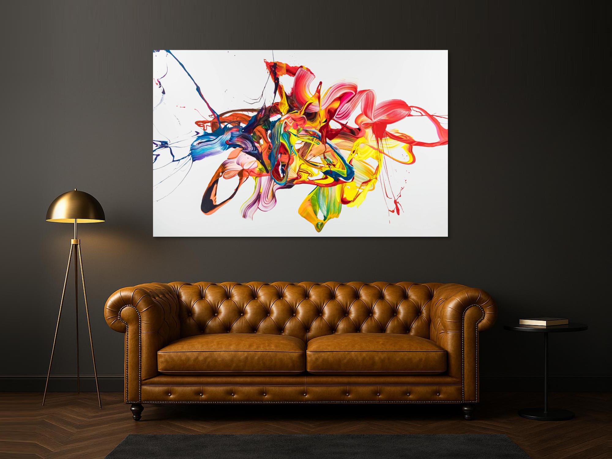 Original Gemälde abstrakt 130x200cm Action Painting zeitgenössisch handgemalt Mischtechnik bunt weiß gelb hochwertig