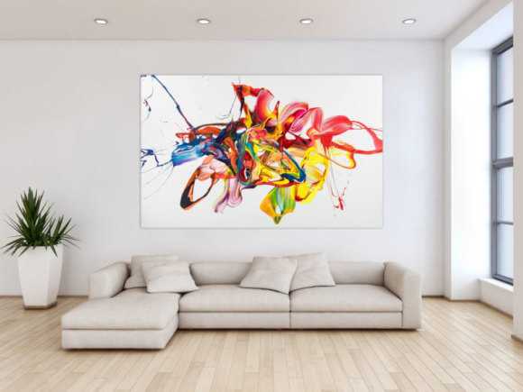 Original Gemälde abstrakt 130x200cm Action Painting zeitgenössisch handgemalt Mischtechnik bunt weiß gelb hochwertig