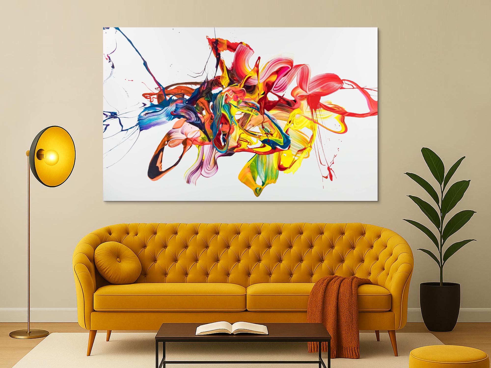 Original Gemälde abstrakt 130x200cm Action Painting zeitgenössisch handgemalt Mischtechnik bunt weiß gelb hochwertig