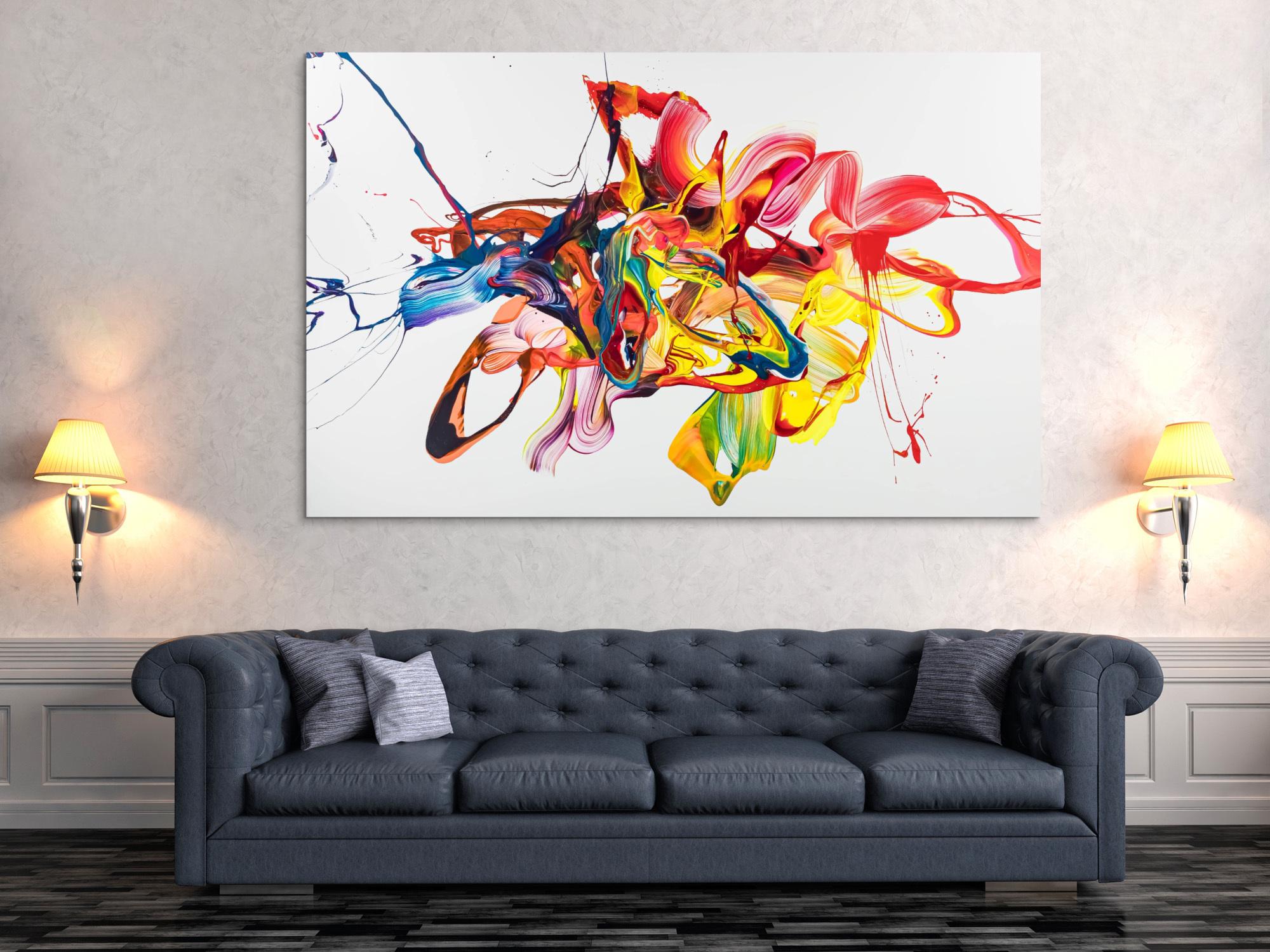 Original Gemälde abstrakt 130x200cm Action Painting zeitgenössisch handgemalt Mischtechnik bunt weiß gelb hochwertig