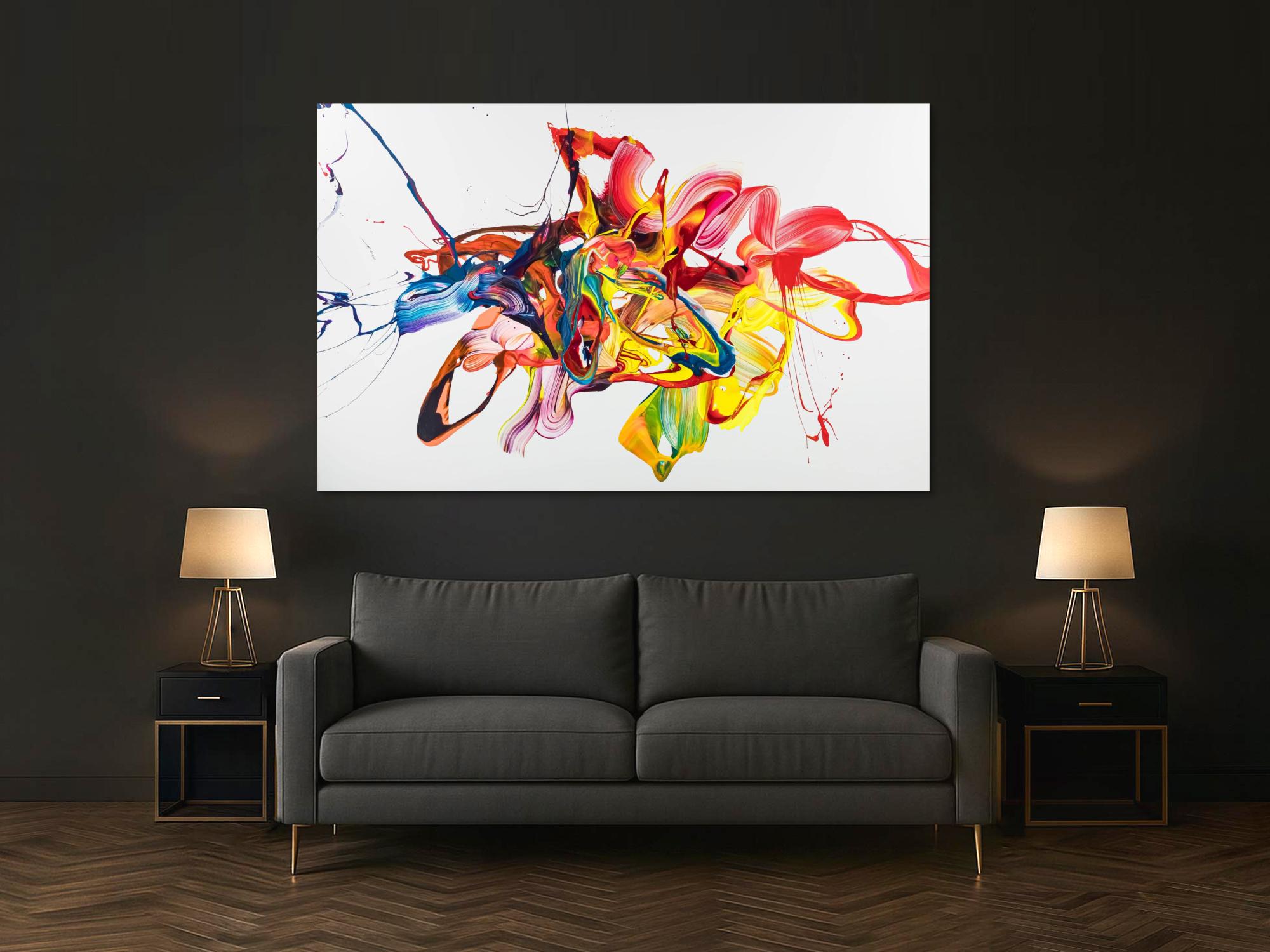Original Gemälde abstrakt 130x200cm Action Painting zeitgenössisch handgemalt Mischtechnik bunt weiß gelb hochwertig