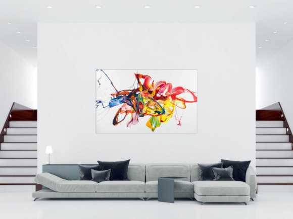 Original Gemälde abstrakt 130x200cm Action Painting zeitgenössisch handgemalt Mischtechnik bunt weiß gelb hochwertig