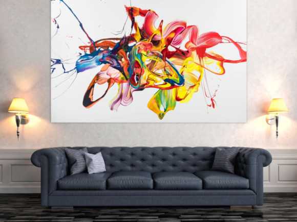 Original Gemälde abstrakt 130x200cm Action Painting zeitgenössisch handgemalt Mischtechnik bunt weiß gelb hochwertig