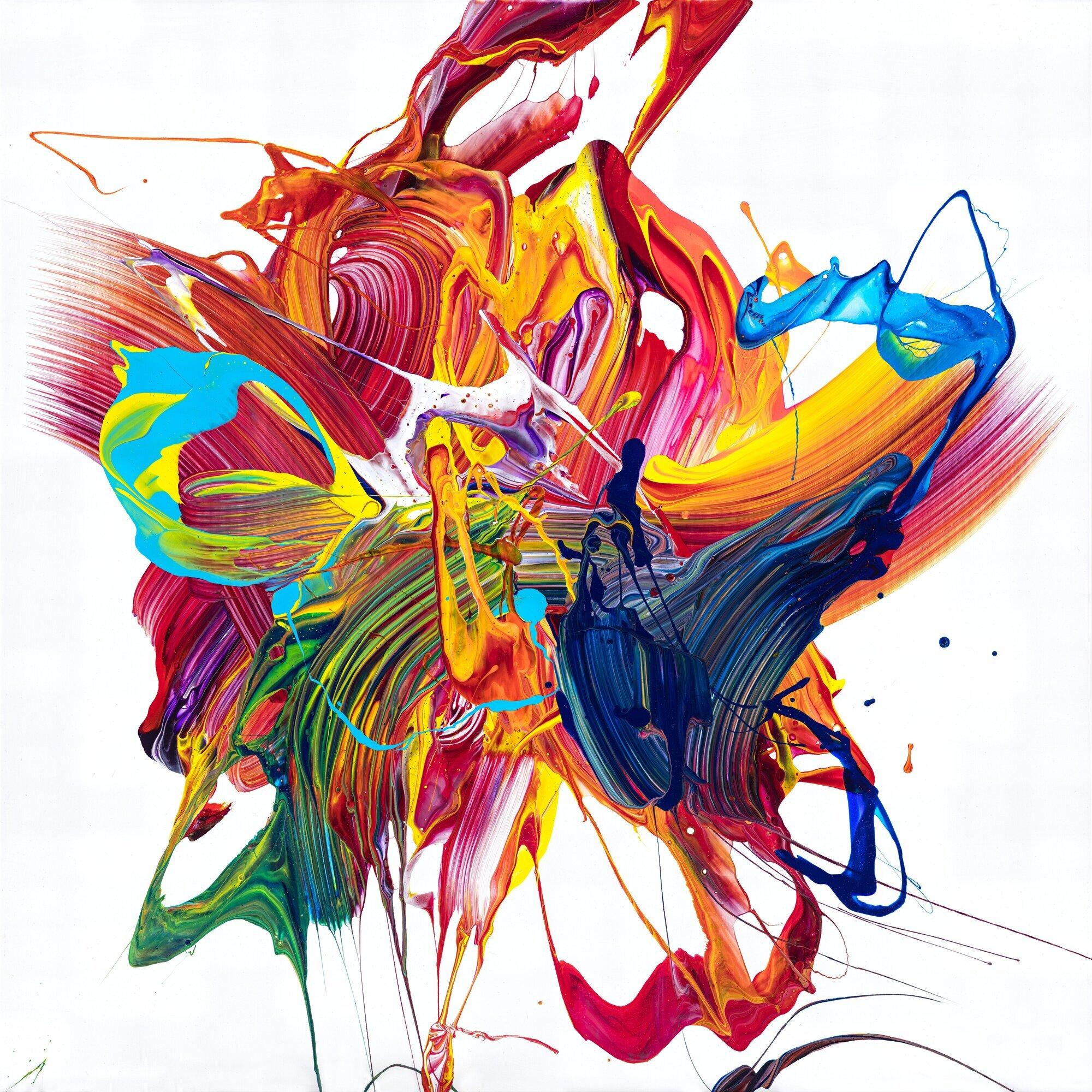 Gemälde Original abstrakt 100x100cm Action Painting zeitgenössisch handgefertigt Mischtechnik bunt weiß rot einzigartig