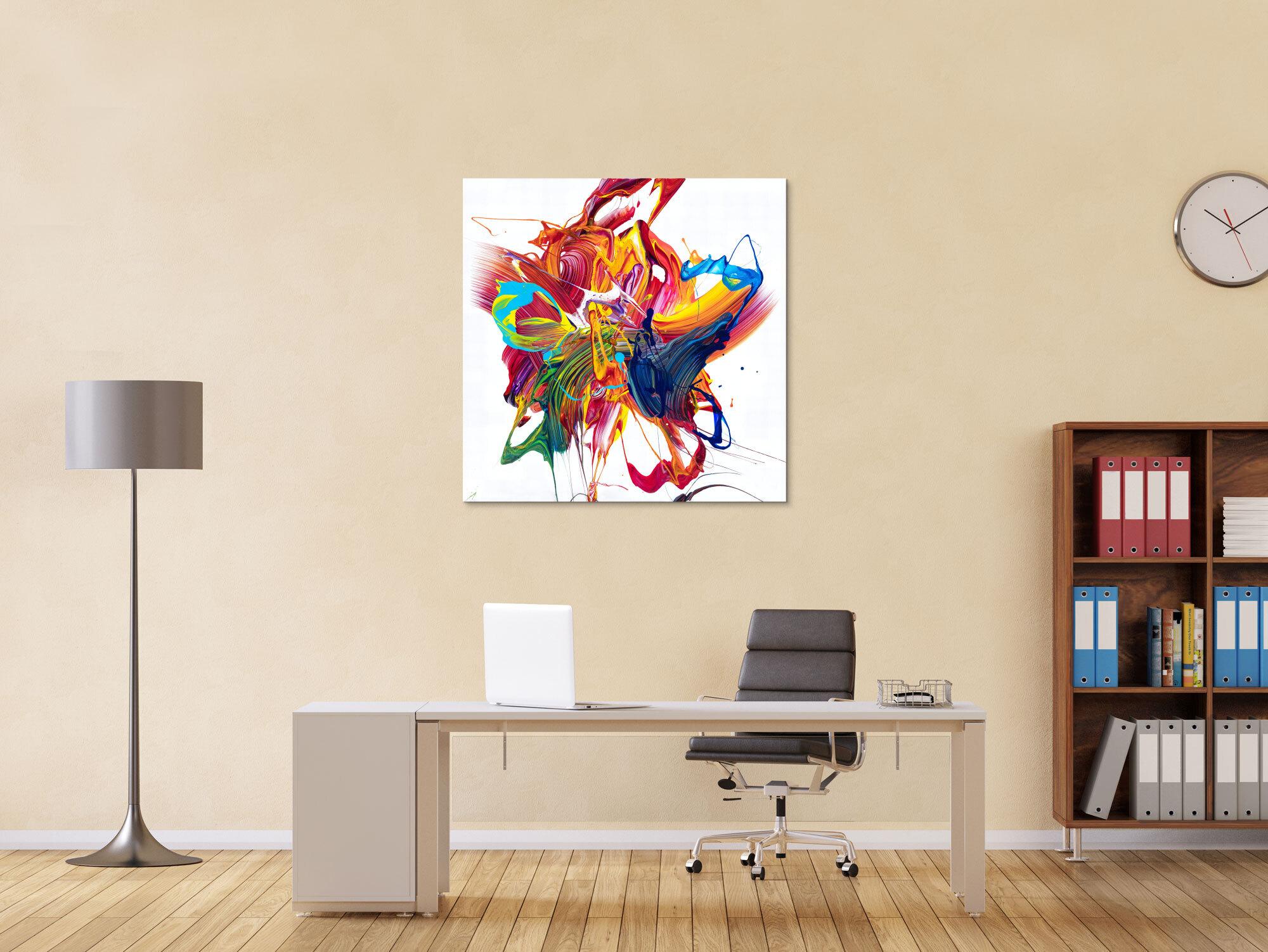 Gemälde Original abstrakt 100x100cm Action Painting zeitgenössisch handgefertigt Mischtechnik bunt weiß rot einzigartig