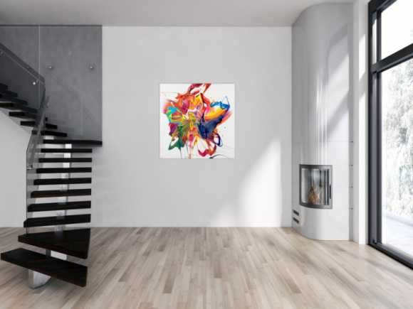 Gemälde Original abstrakt 100x100cm Action Painting zeitgenössisch handgefertigt Mischtechnik bunt weiß rot einzigartig
