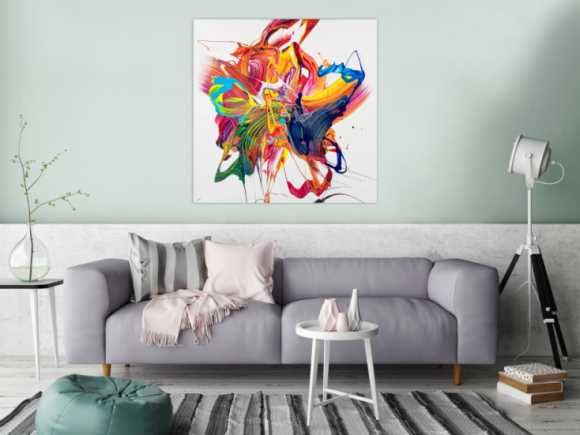 Gemälde Original abstrakt 100x100cm Action Painting zeitgenössisch handgefertigt Mischtechnik bunt weiß rot einzigartig