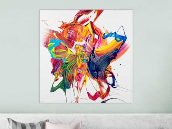 Gemälde Original abstrakt 100x100cm Action Painting zeitgenössisch handgefertigt Mischtechnik bunt weiß rot einzigartig