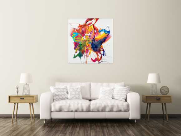 Gemälde Original abstrakt 100x100cm Action Painting zeitgenössisch handgefertigt Mischtechnik bunt weiß rot einzigartig