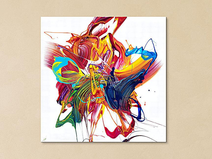 Gemälde Original abstrakt 100x100cm Action Painting zeitgenössisch handgefertigt Mischtechnik bunt weiß rot einzigartig