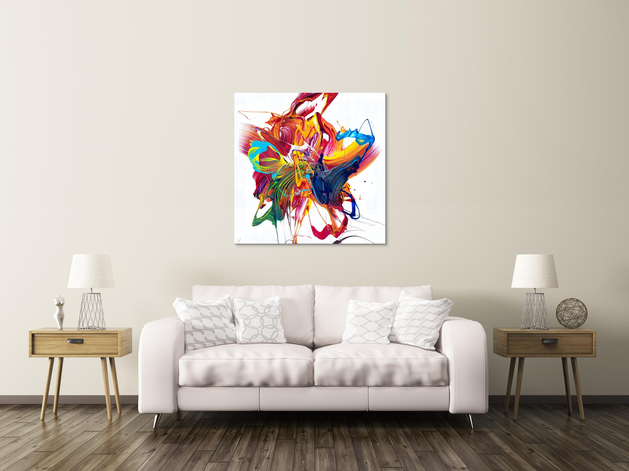 Gemälde Original abstrakt 100x100cm Action Painting zeitgenössisch handgefertigt Mischtechnik bunt weiß rot einzigartig