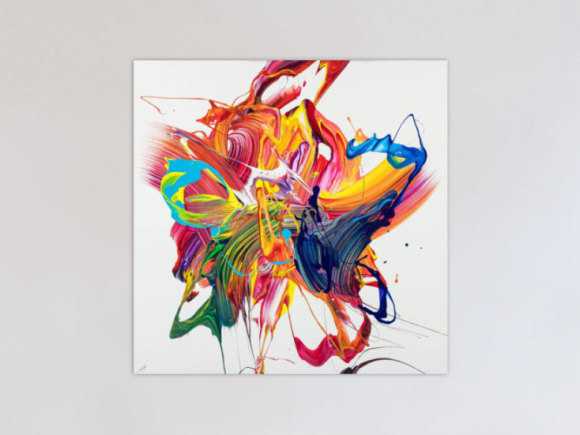 Gemälde Original abstrakt 100x100cm Action Painting zeitgenössisch handgefertigt Mischtechnik bunt weiß rot einzigartig
