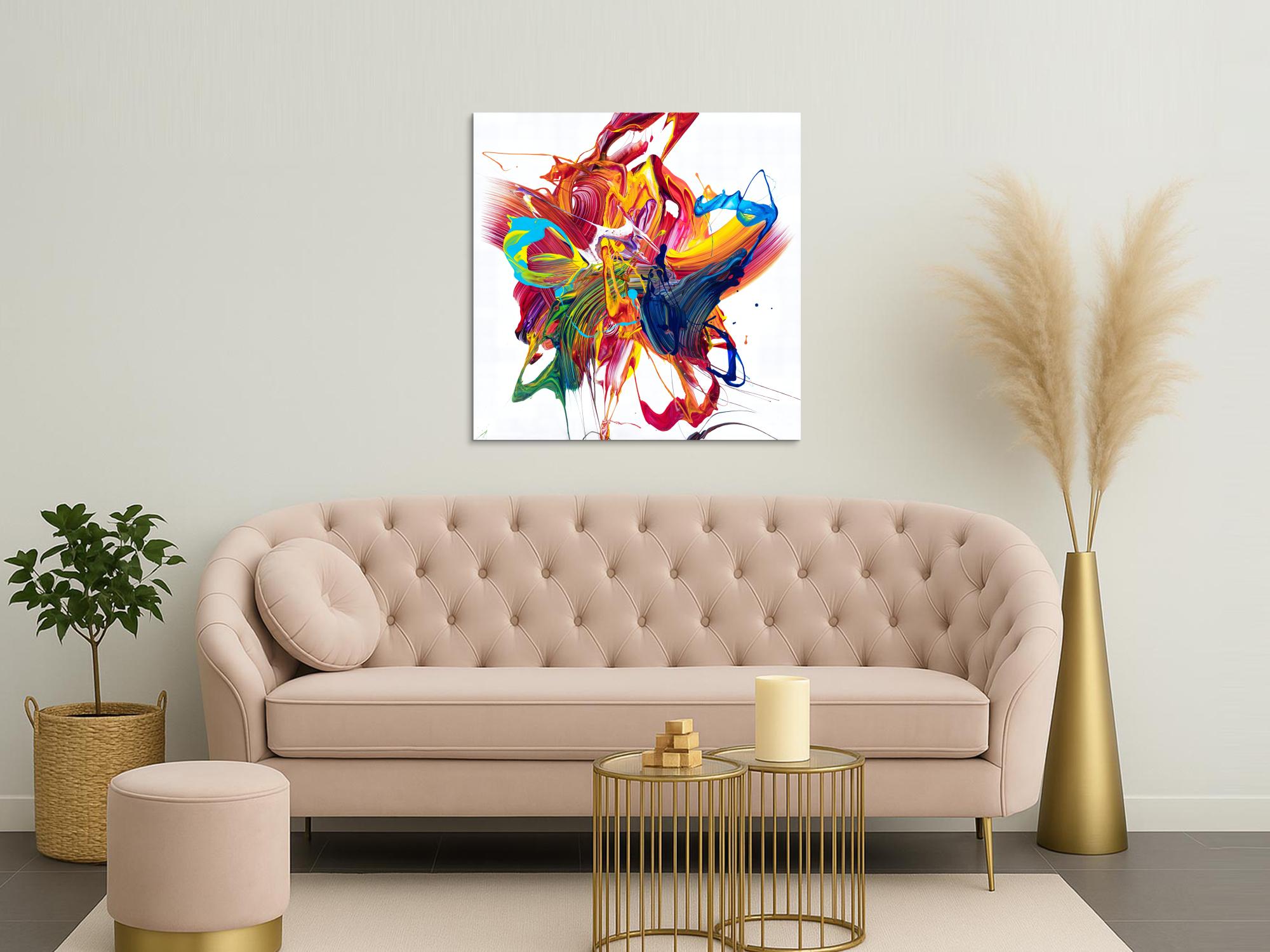 Gemälde Original abstrakt 100x100cm Action Painting zeitgenössisch handgefertigt Mischtechnik bunt weiß rot einzigartig