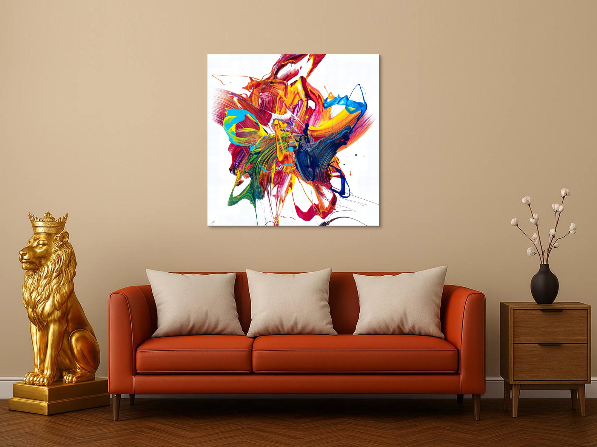 Gemälde Original abstrakt 100x100cm Action Painting zeitgenössisch handgefertigt Mischtechnik bunt weiß rot einzigartig