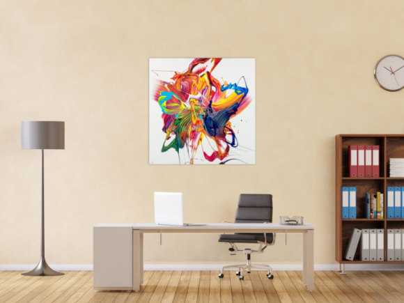 Gemälde Original abstrakt 100x100cm Action Painting zeitgenössisch handgefertigt Mischtechnik bunt weiß rot einzigartig
