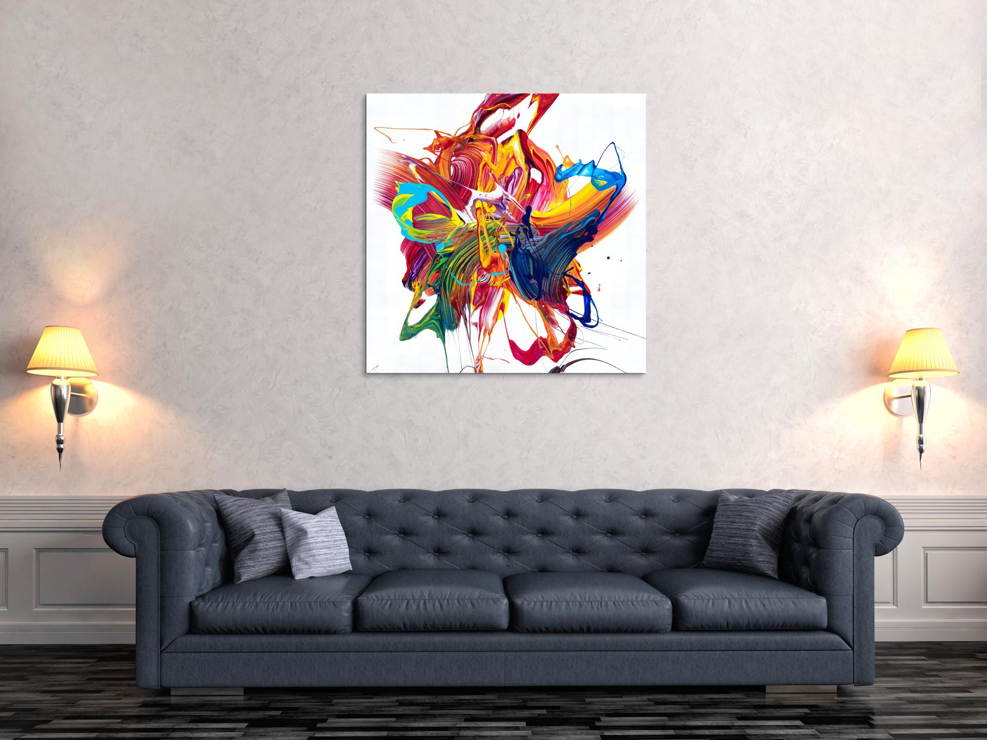 Gemälde Original abstrakt 100x100cm Action Painting zeitgenössisch handgefertigt Mischtechnik bunt weiß rot einzigartig