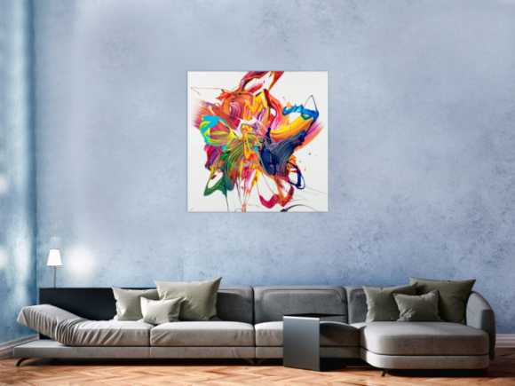 Gemälde Original abstrakt 100x100cm Action Painting zeitgenössisch handgefertigt Mischtechnik bunt weiß rot einzigartig