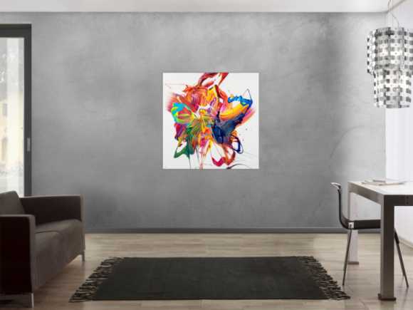 Gemälde Original abstrakt 100x100cm Action Painting zeitgenössisch handgefertigt Mischtechnik bunt weiß rot einzigartig